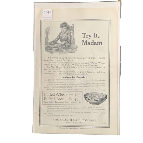 Vintage 1916 Quaker Oats Company Try It Madam Puffed Wheat Rice Ad Advertisement - Picture 2 of 4
